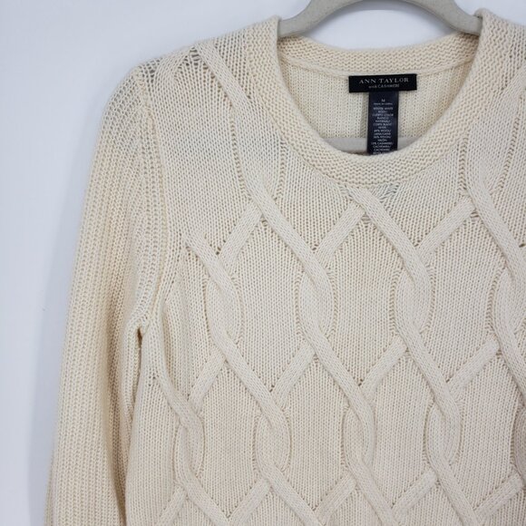 Ann Taylor Braided Cable Knit Sweater M Wool Cashmere Color Block Cream Gray - Picture 4 of 7